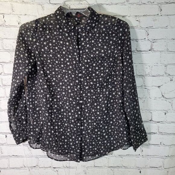Love for Humanity Women's Black/White Sheer Button Up Blouse Stars Top Sz Med - Picture 3 of 4